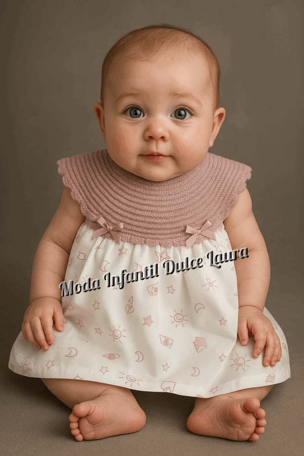 Vestido hilo y tela estampada rosa maquillaje v7209 desde 1 mes hasta 12 meses