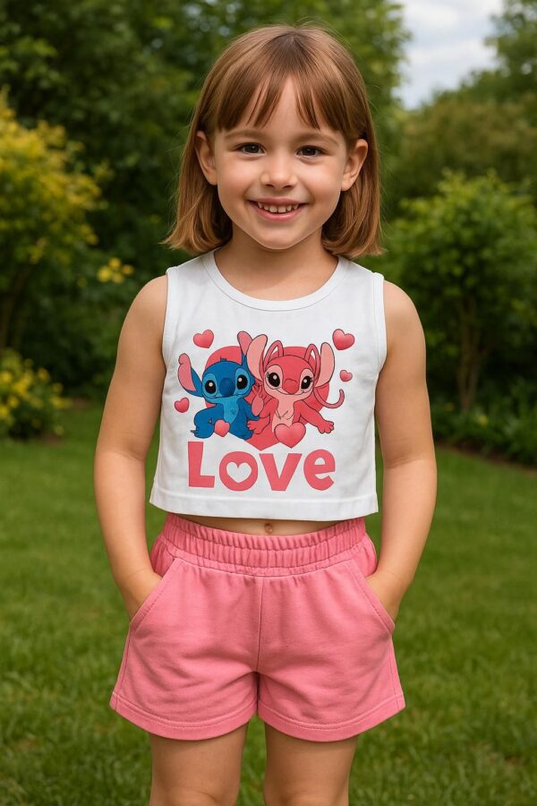 Conjunto camiseta Stich y pantalón corto rosa desde 4 hasta 12 años
