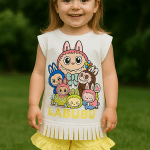 Conjunto camiseta corta Labubu y pantalón amarillo desde 2 años hasta 8 años