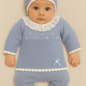 Conjunto hilo C-907 manga larga tres piezas de 0 a 12 meses azul eléctrico