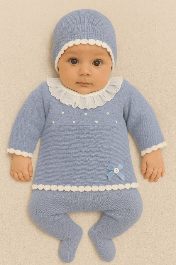 Conjunto hilo C-907 manga larga tres piezas de 0 a 12 meses azul eléctrico