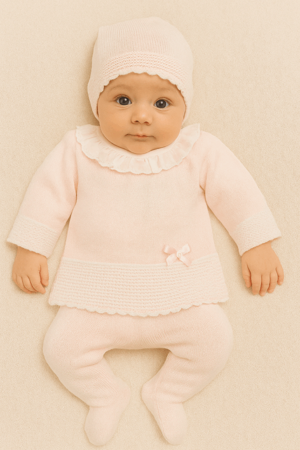 Conjunto hilo C-902 manga larga tres piezas de 0 a 12 meses rosa