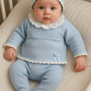 Conjunto hilo C-907 manga larga tres piezas de 0 a 12 meses celeste