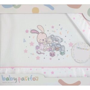 Sabana algodón mini cuna conejito y ositos blanca y rosa
