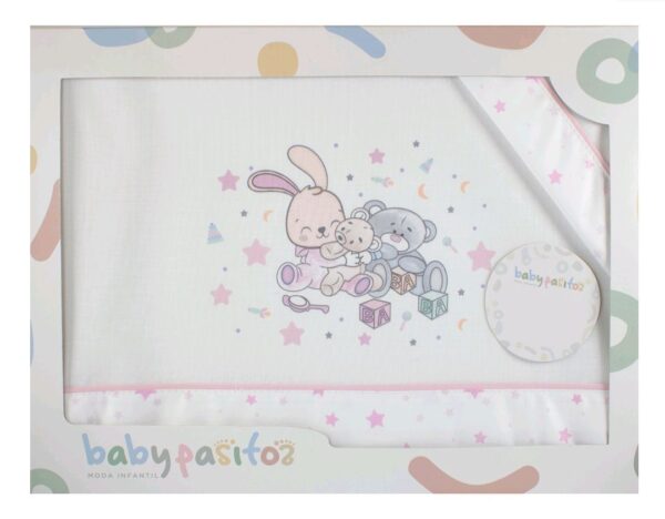 Sabana algodón mini cuna conejito y ositos blanca y rosa