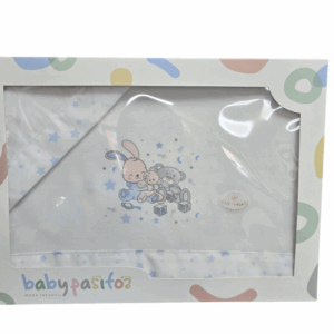 Sabana algodón mini cuna conejito y ositos blanca y azul