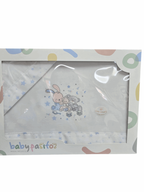 Sabana algodón mini cuna conejito y ositos blanca y azul