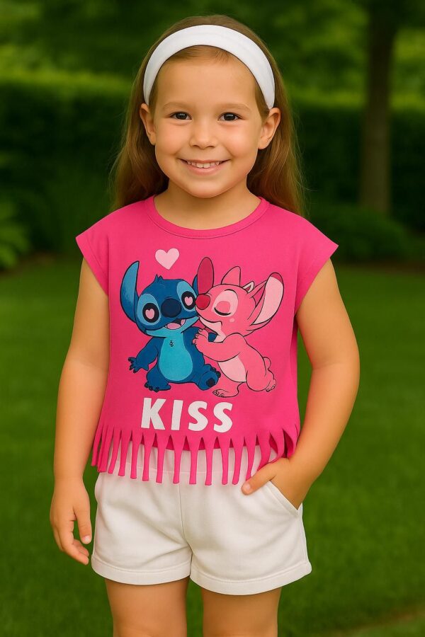 Conjunto Stich y Angela fucsia corazon desde 4 hasta 12 años