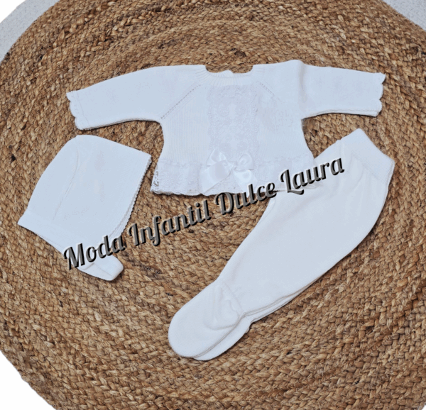 Conjunto de lana jersey, polaina y capota blanco desde 00 hasta 6 meses C9022