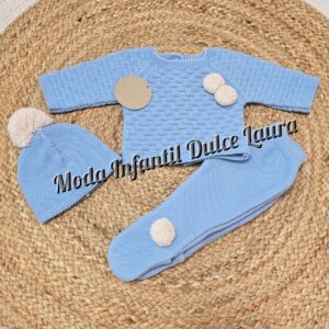 Conjunto lana 3 piezas azul eléctrico pompones arena desde 00 hasta 12 meses C9006