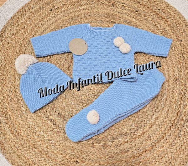 Conjunto lana 3 piezas azul eléctrico pompones arena desde 00 hasta 12 meses C9006
