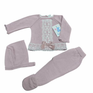 Conjunto hilo rosa maquillaje 3 piezas cuello y lazo C8082 desde 0 meses hasta 3 meses