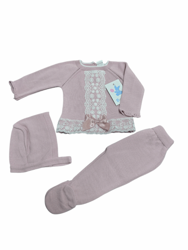 Conjunto hilo rosa maquillaje 3 piezas cuello y lazo C8082 desde 0 meses hasta 3 meses