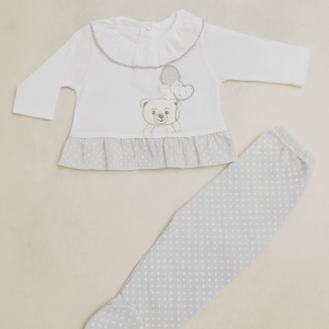 Conjunto algodón camiseta polaina blanco y gris osito globo desde 0 hasta 3 meses
