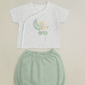 Conjunto ranita camiseta corta algodón verde y blanco osito luna desde 0 hasta 3 meses