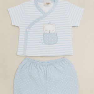 Conjunto ranita camiseta corta algodón azul y blanco osito desde 0 hasta 3 meses