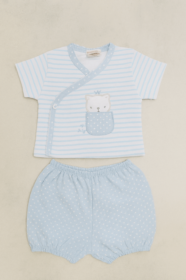 Conjunto ranita camiseta corta algodón azul y blanco osito desde 0 hasta 3 meses