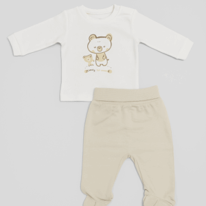Conjunto dos piezas blanco y beige osito algodón desde 0 hasta 6 meses