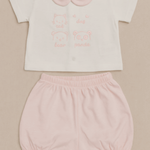 Conjunto camiseta corta blanca dibujos rosas y ranita rosa desde 0 hasta 3 meses