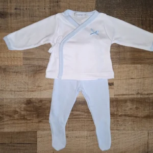 Conjunto camiseta cruzada blanca y polaina azul desde 0 hasta 3 meses