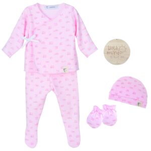 Pack Regalo camiseta, polaina, gorro, manoplas Casitas rosa primera puesta