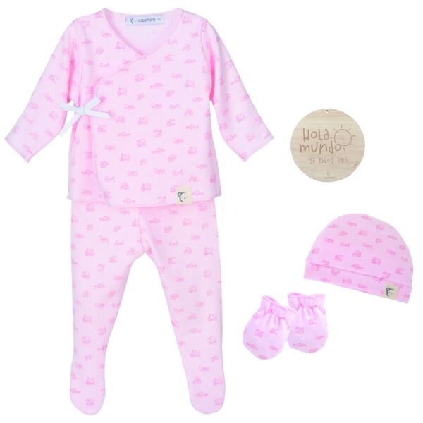 Pack Regalo camiseta, polaina, gorro, manoplas Casitas rosa primera puesta