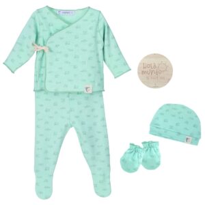 Pack Regalo camiseta, polaina, gorro, manoplas Casitas verde primera puesta