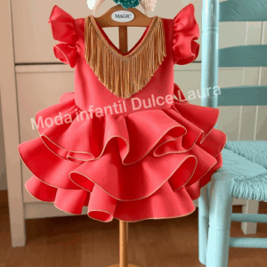 Vestido flamenca liso coral flecos camel desde 8 año hasta 10 años