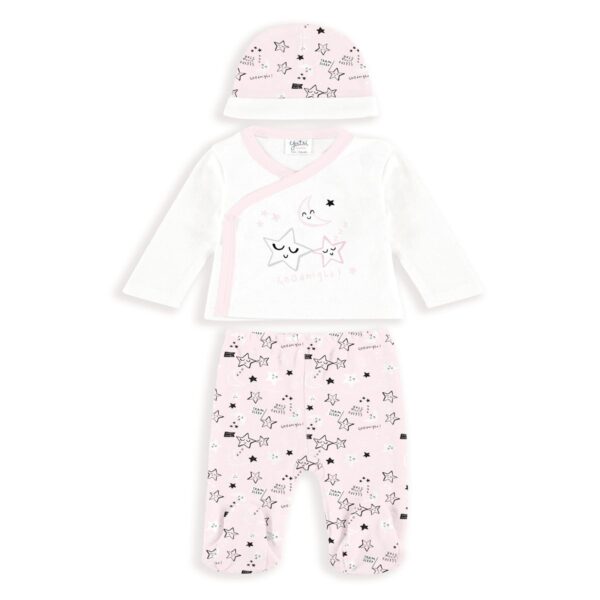 Conjunto algodón 3 piezas polaina camiseta y gorro desde 0 hasta 3 meses