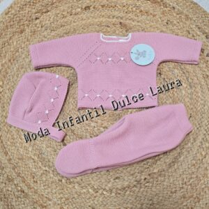 Conjunto lana jersey polaina y capota rosa maquillaje desde 00 hasta 6 meses C9023