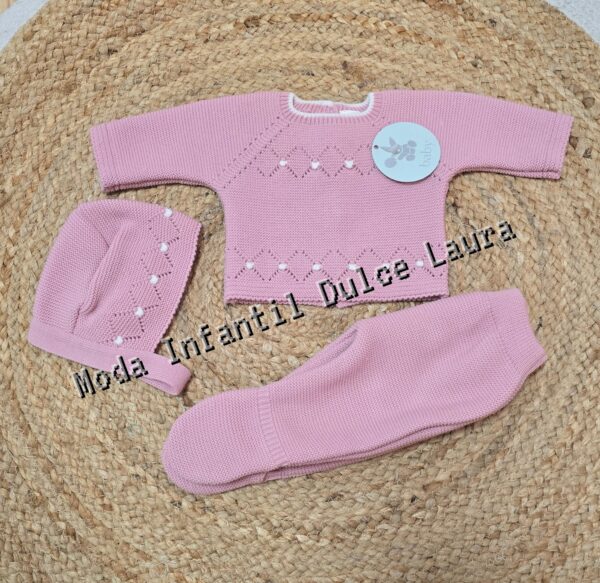 Conjunto lana jersey polaina y capota rosa maquillaje desde 00 hasta 6 meses C9023
