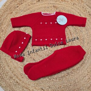 Conjunto lana jersey polaina y capota rojo desde 00 hasta 6 meses C9023