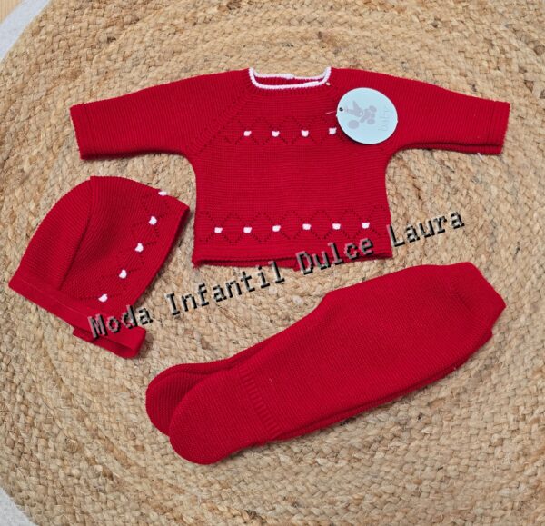 Conjunto lana jersey polaina y capota rojo desde 00 hasta 6 meses C9023