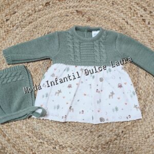 Vestido tela y lana verde hoja dibujos con capota desde 0 meses hasta 12 meses