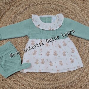 Vestido tela y lana verde estampado zorritos con capota desde 0 meses hasta 12 meses