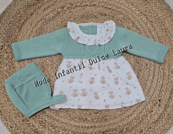 Vestido tela y lana verde estampado zorritos con capota desde 0 meses hasta 12 meses