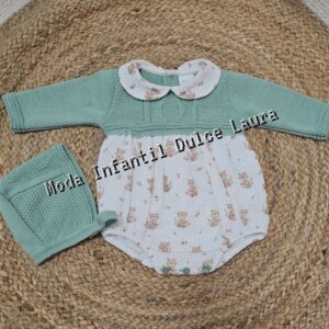 Pelele tela y cuerpo lana verde estampado zorritos desde 0 hasta 12 meses 27145
