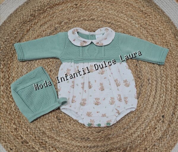 Pelele tela y cuerpo lana verde estampado zorritos desde 0 hasta 12 meses 27145