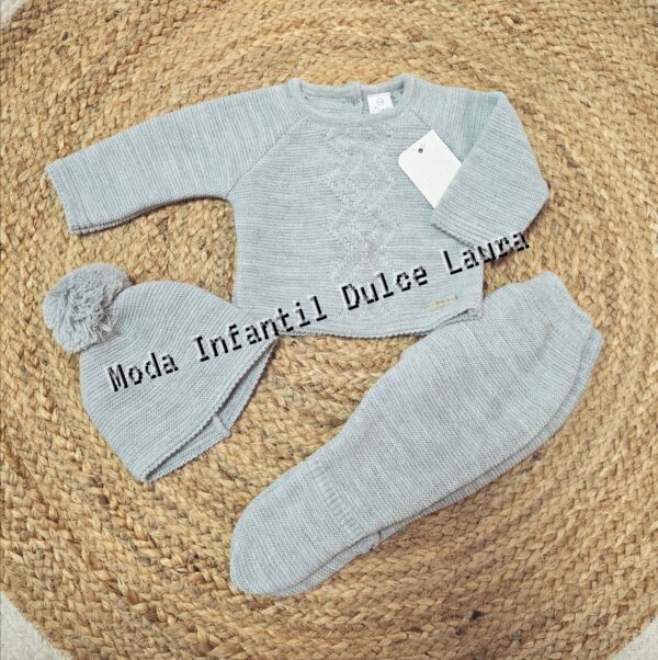 Conjunto lana 3 piezas color gris desde 00 hasta 6 meses C9012