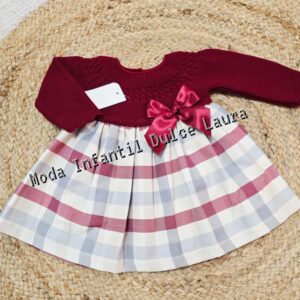 Vestido lana y tela de cuadros burdeos desde 1 m hasta 18 meses V9210