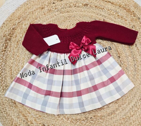Vestido lana y tela de cuadros burdeos desde 1 m hasta 18 meses V9210