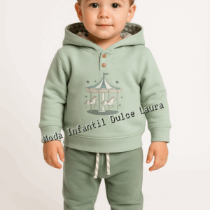 Conjunto sudadera gorro pantalón largo carrusel verde desde 6 meses hasta 48 meses