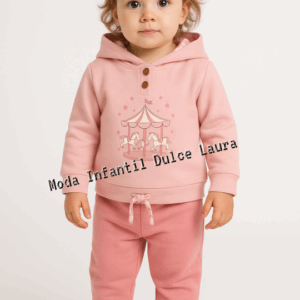 Conjunto sudadera gorro pantalón largo carrusel rosa desde 6 meses hasta 48 meses