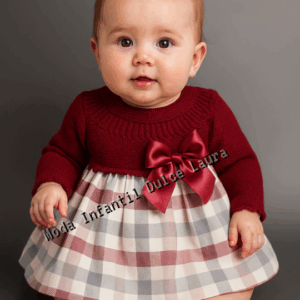 Vestido lana y tela de cuadros burdeos desde 1 m hasta 18 meses V9210