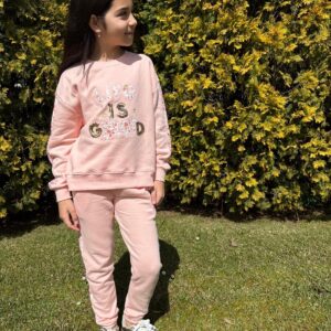 Conjunto sudadera pantalón largo rosa life is good desde 4 años hasta 15 años