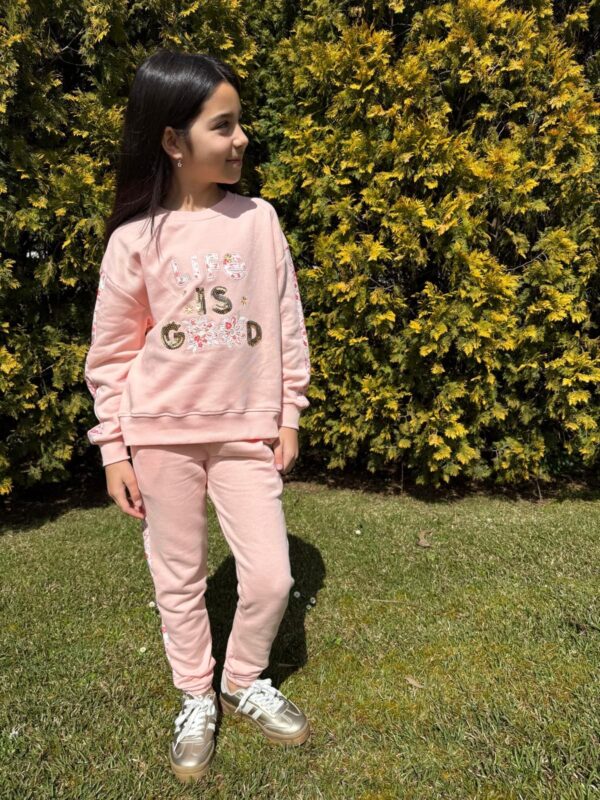 Conjunto sudadera pantalón largo rosa life is good desde 4 años hasta 15 años