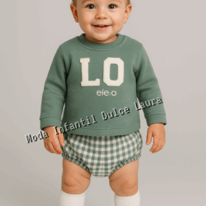 Conjunto sudadera y pantalón corto vichy verde ELE.O desde 6 meses hasta 3 años