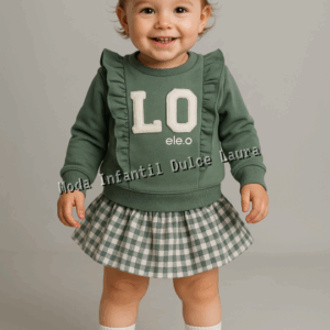 Conjunto sudadera volantes y falda vichy verde desde 6 meses hasta 4 años