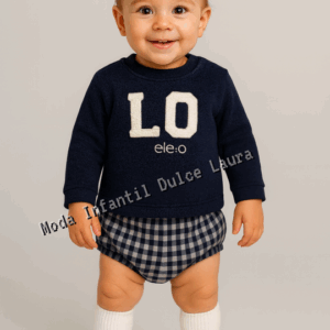 Conjunto sudadera pantalón corto vichy azul marino desde 6 meses hasta 4 años
