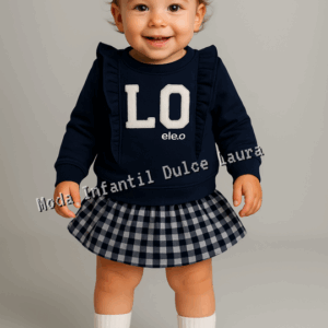 Conjunto sudadera falda vichy azul marino ELE.O desde 6 meses hasta 4 años